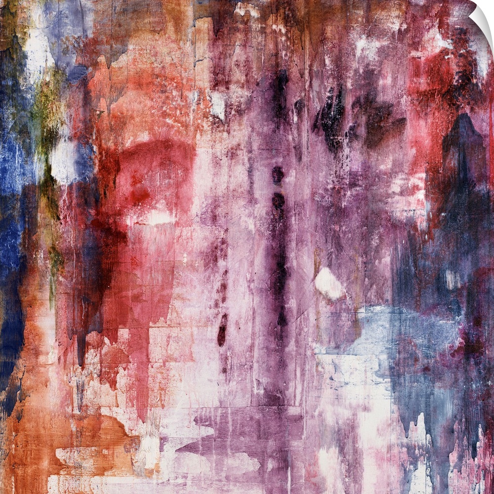 Giant, square contemporary painting in numerous deep colors, layered on top of one another with running paint and sponge l...