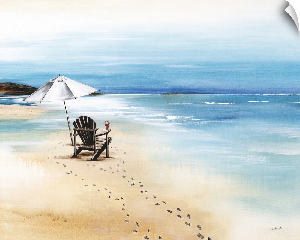 Contemporary painting of a relaxing beach scene with an empty chair holding a cocktail and a white umbrella right in front...