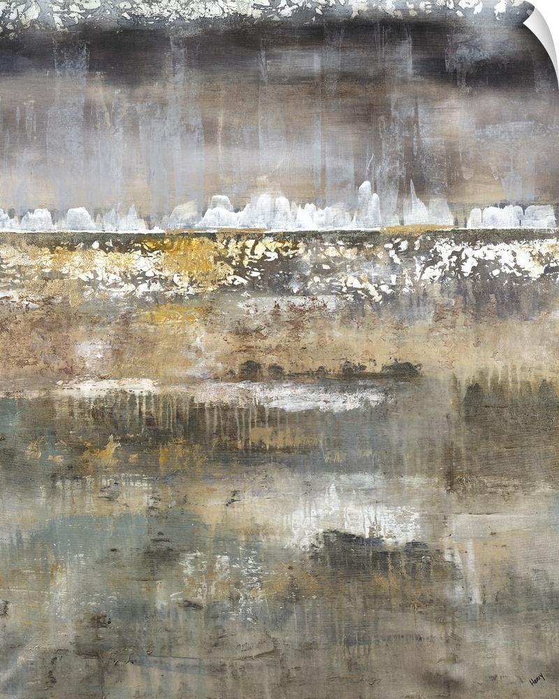 Layered contemporary abstract painting with gold, brown, white, and gray hues.