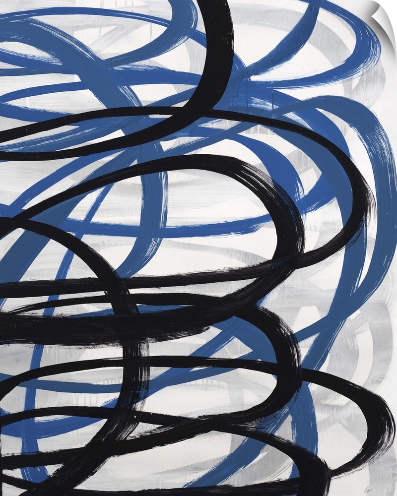 Contemporary abstract painting of a dark blue and black swirling lines against a neutral background.