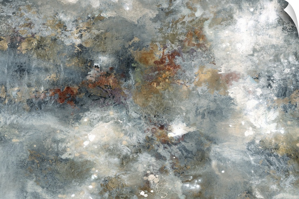 Large abstract painting with blue, tan, white, gold, bronze, and silver hues.