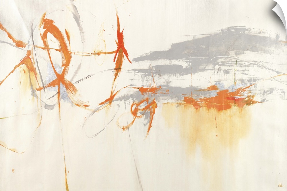 Contemporary abstract painting with orange streaks against a pale background.