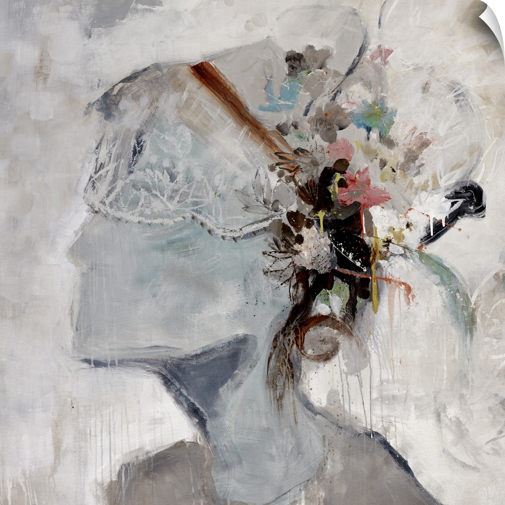 Square painting on canvas of a woman wearing a decorative hat on her head seen from the shoulders up.