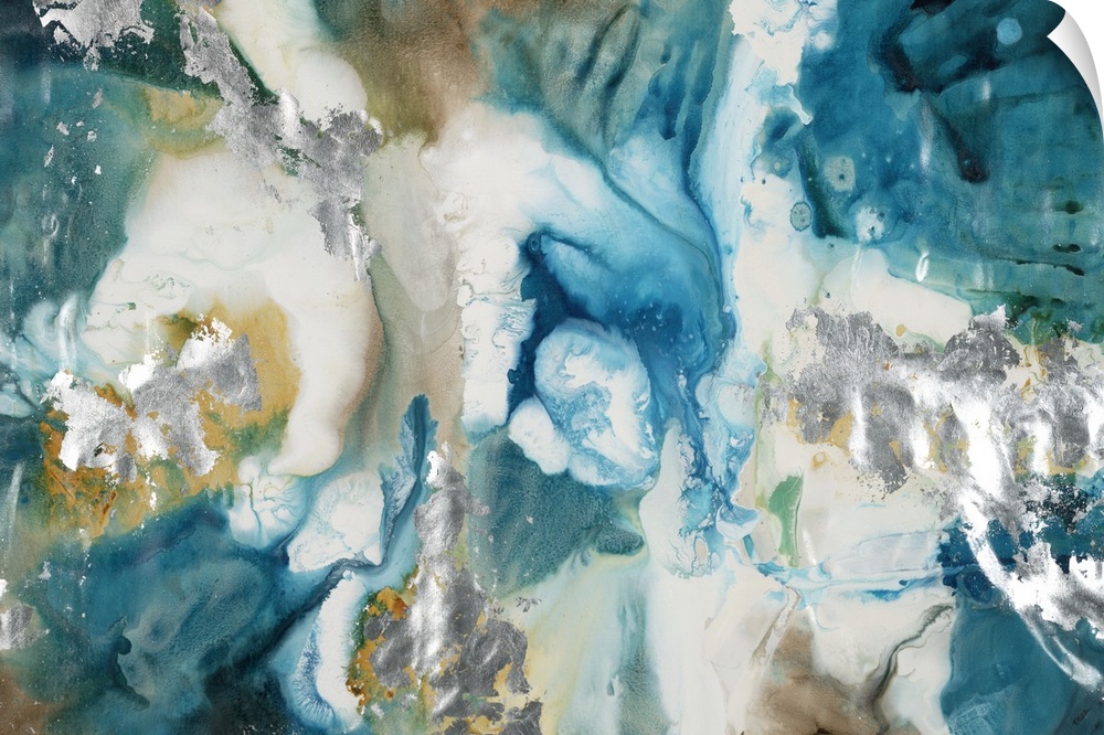 Large abstract painting with marbled colors in shades of blue, brown, silver, gold, and white.