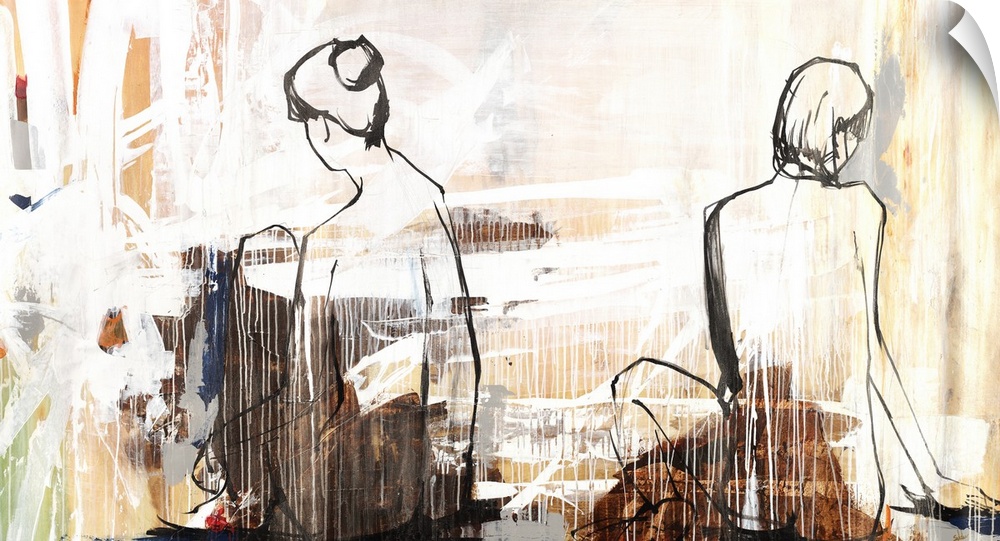 Contemporary artwork with sketches of two nude women sitting with their backs to us on top of a busy abstract background.
