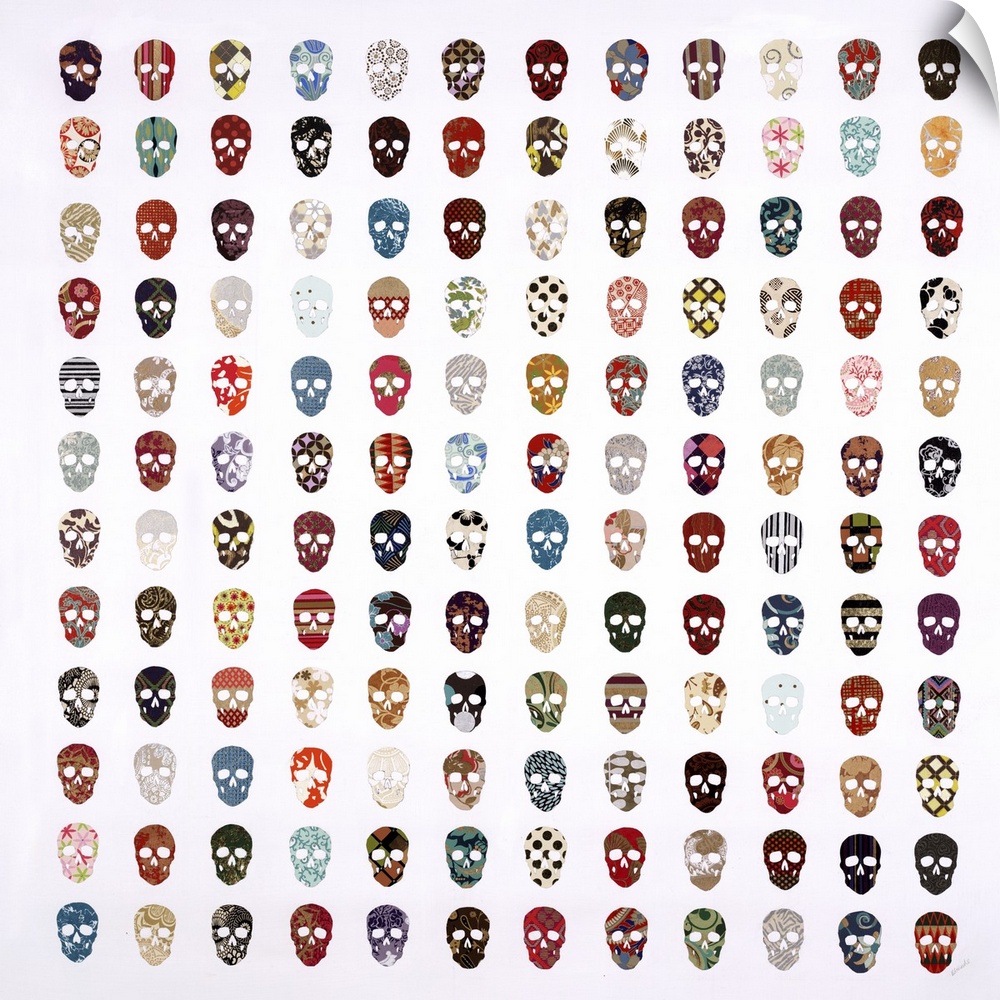 Square painting of repetitive images of human skulls in different patterns.