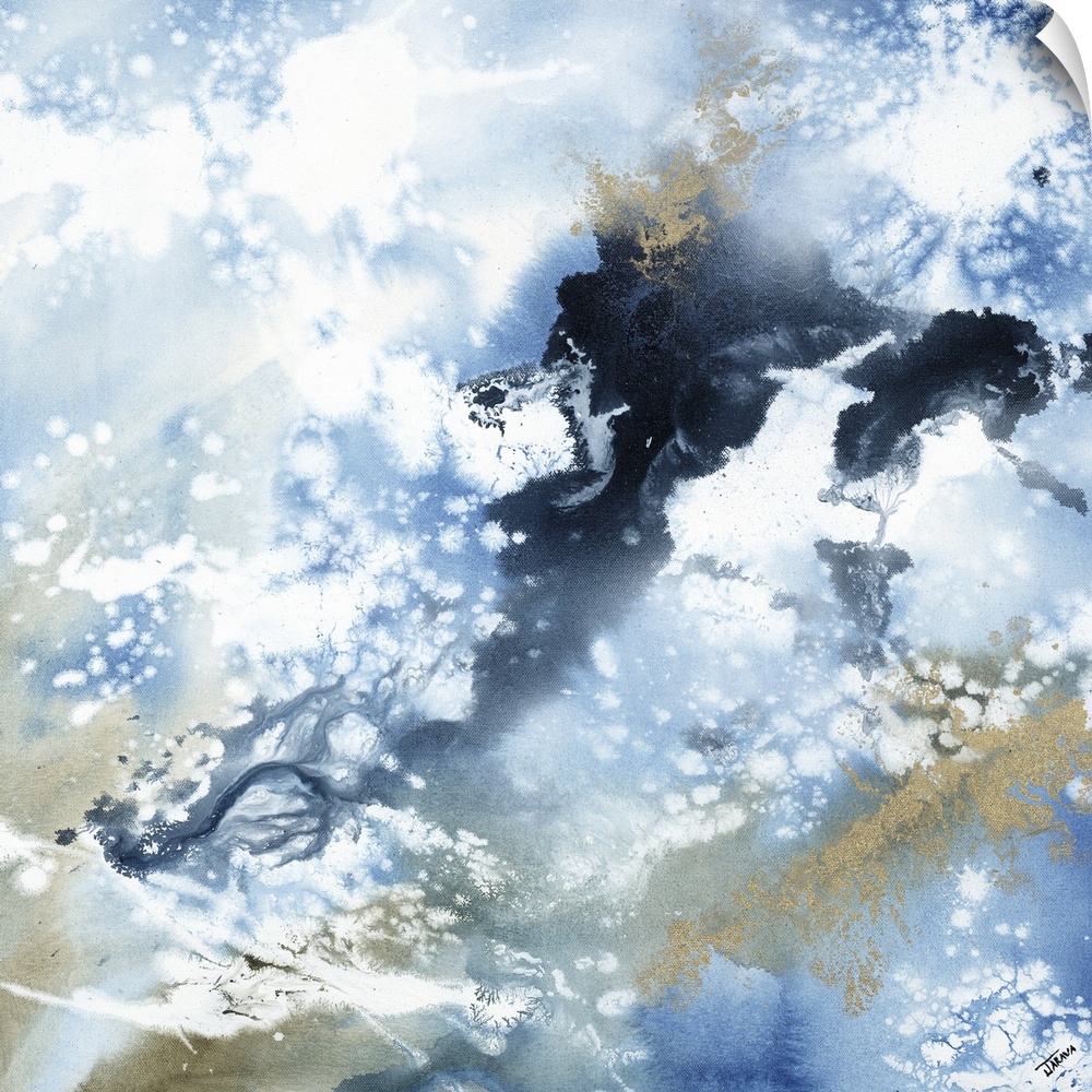 Abstract contemporary painting in blue and brown tones, resembling a cloudy sky.