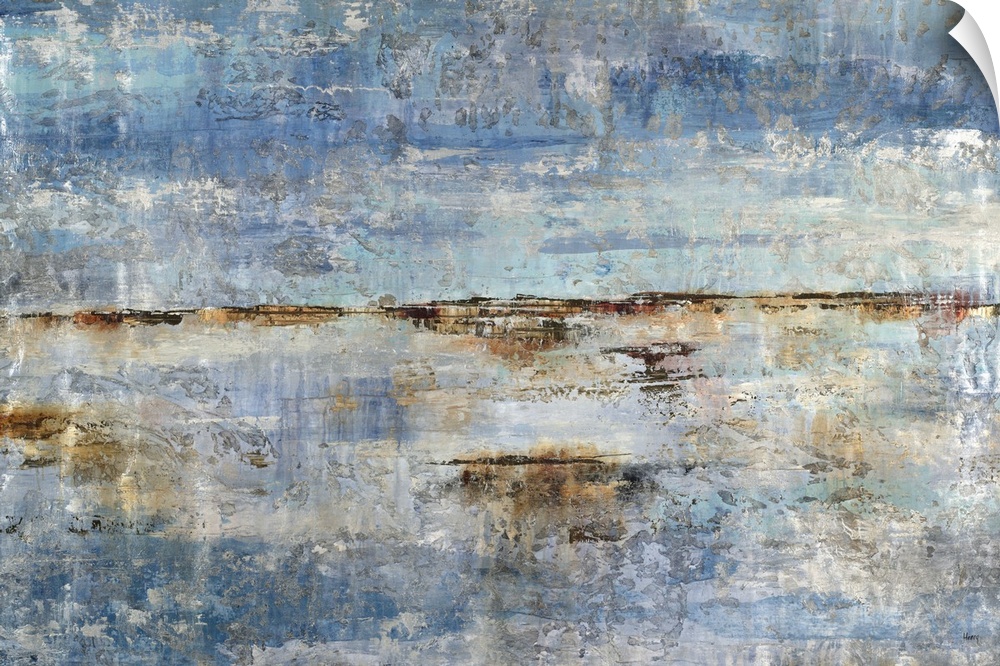Rough abstract artwork in shades of blue and brown.