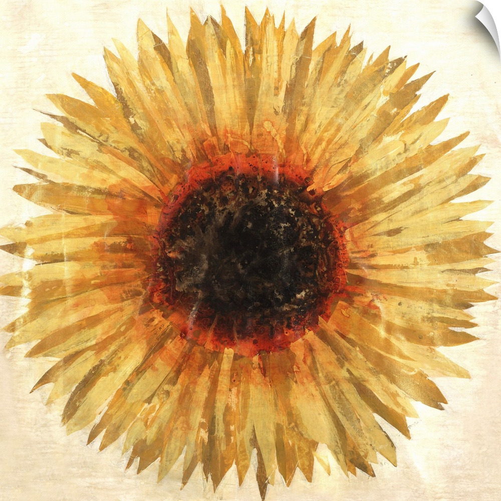 Contemporary painting of a big beautiful sunflower against a brown background.