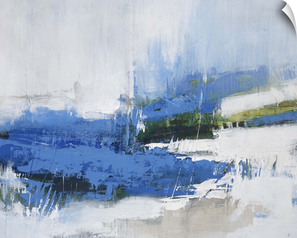 Contemporary abstract artwork in deep blue and pale white tones.
