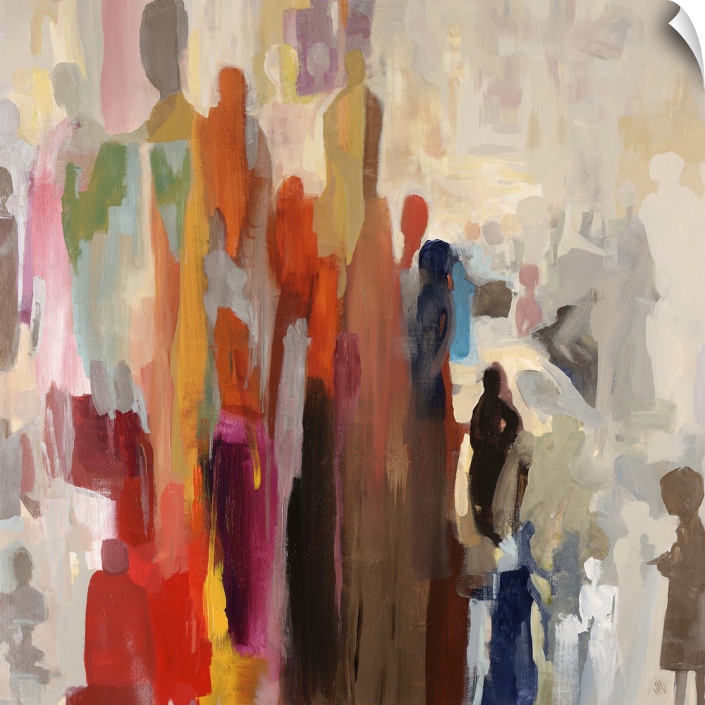 Abstract painting of large cluster of human silhouettes in various sizes and colors, occasionally overlapping, melding tog...