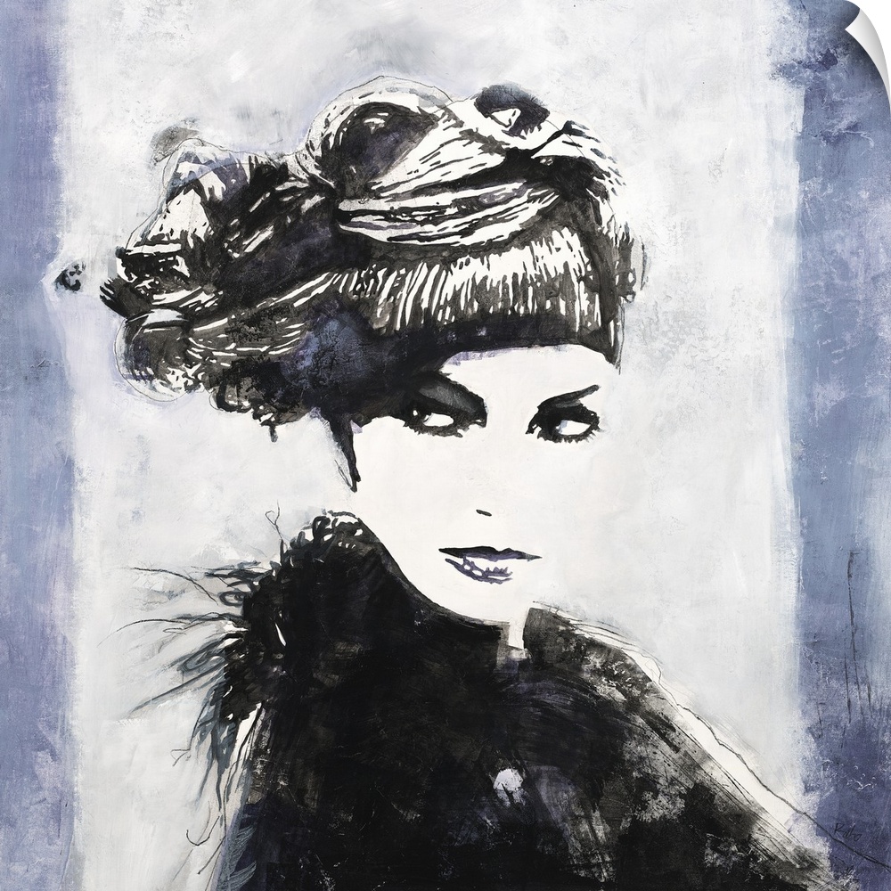 Square art with a black and white illustrated woman wearing a fancy hat on a white and indigo striped background.