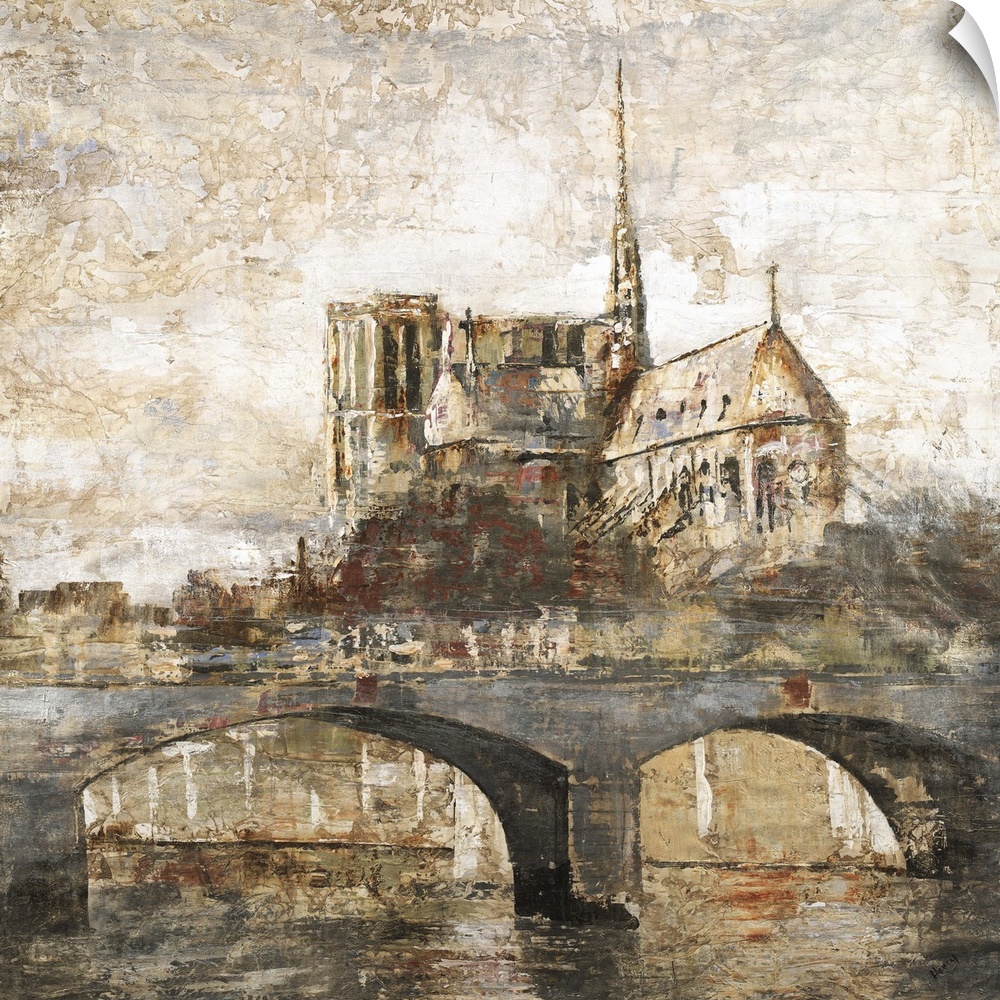 Contemporary painting of a fortified structure in the distance from a river.