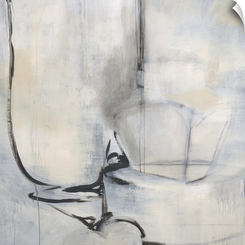 Calm, neutral abstract painting in shades of grey with black strokes.