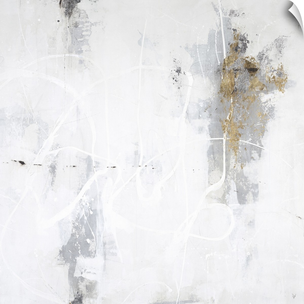A square painting of washed colors of gray and gold with dripped paint textures and swirled brush strokes in white.