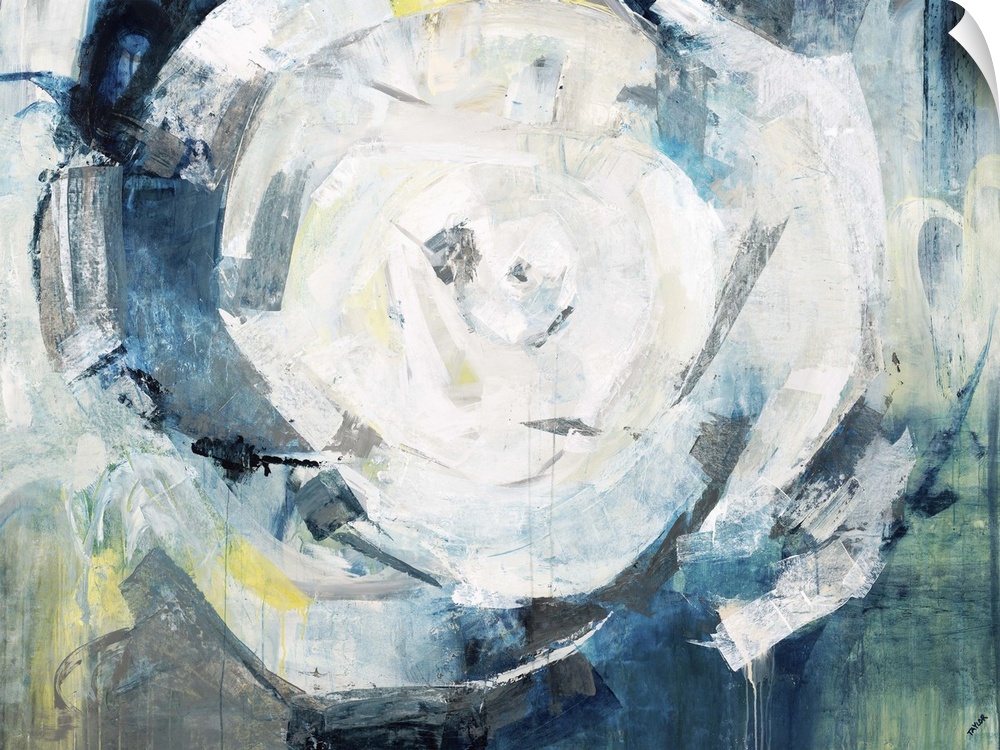 Contemporary abstract painting in shades of blue and gold, swirling around a white center.