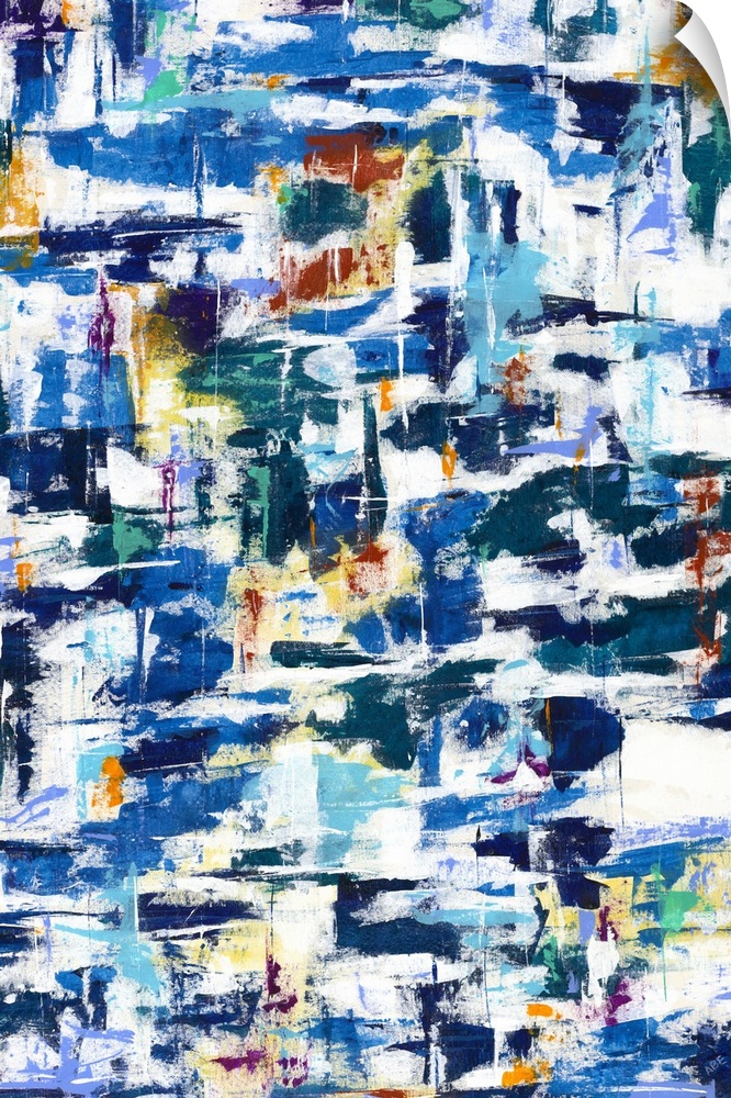 Large abstract artwork with busy brushstrokes in shades of blue, yellow, orange, green, and red.