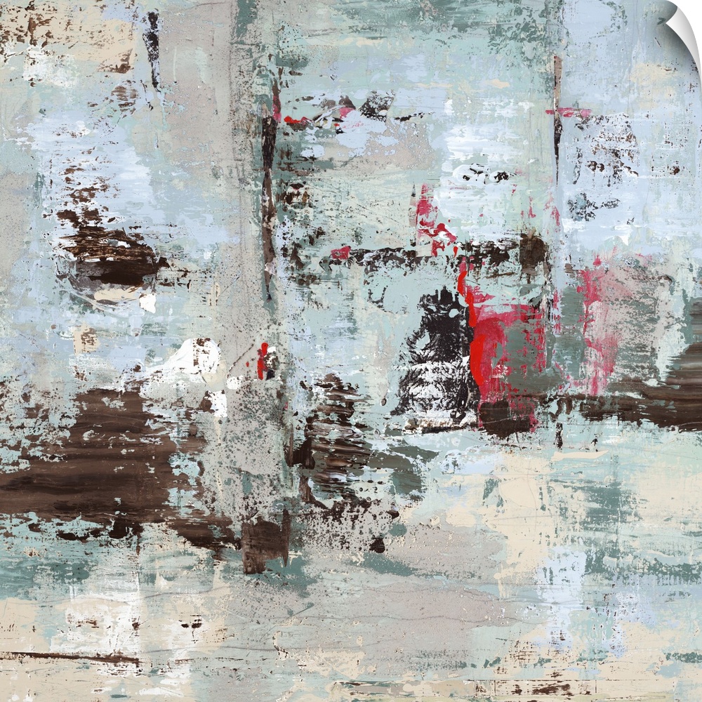 Contemporary abstract painting using a pale mint green with streaks of brown in an overall distressed fashion.