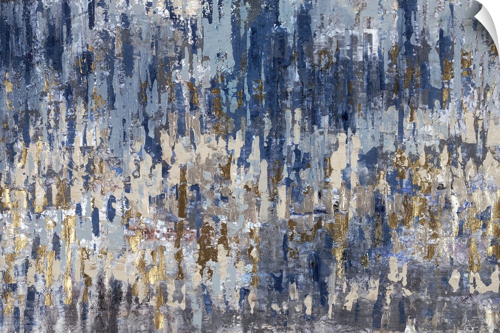 A textured contemporary painting of blue and gold, giving the feeling of a distorted reflection.