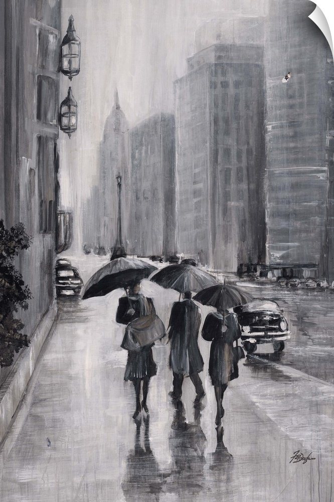 Contemporary painting of people along a city sidewalk under umbrellas in a rainy city.