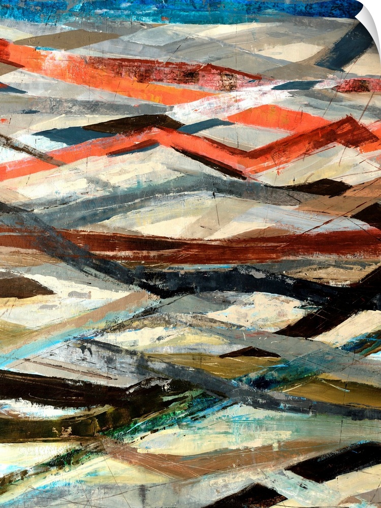 Portrait, abstract painting of horizontal and zig zag lines in numerous colors.  Painted with thick, rough brushstrokes.