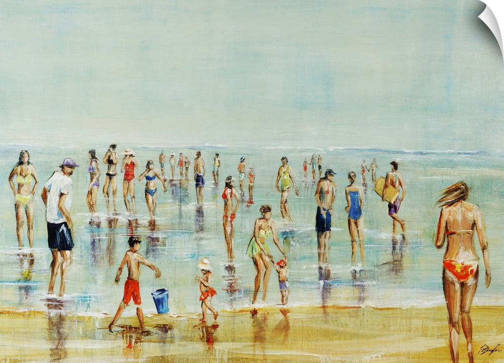 Painting of a crowded beach with a large group of adults and children enjoying calm waters beneath a clear sky.
