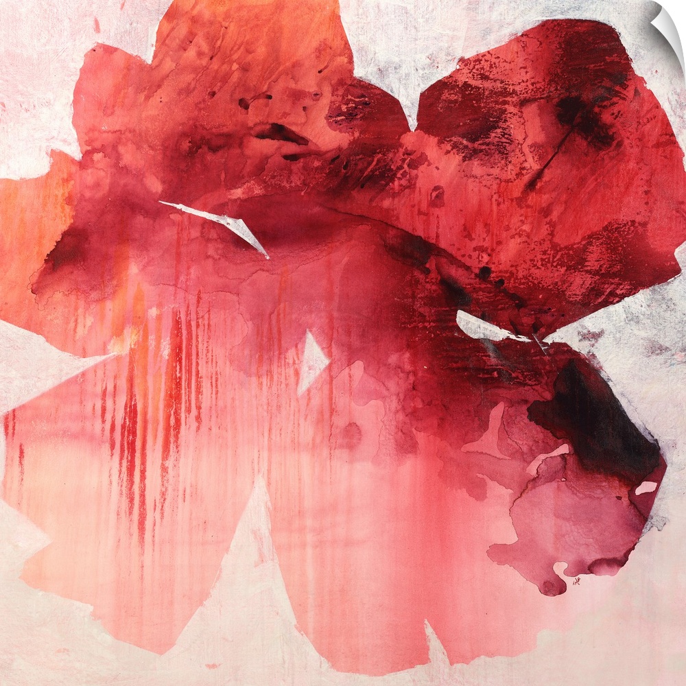 Square abstract painting of a large tropical flower in shades of red.