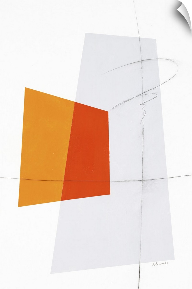Large geometric abstract painting in shades of orange and gray with thin, black, squiggly lines on top.