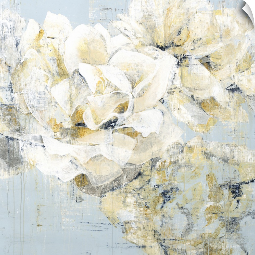 Square painting of white roses with gold and silver highlights with an antique feel on a pale blue background.