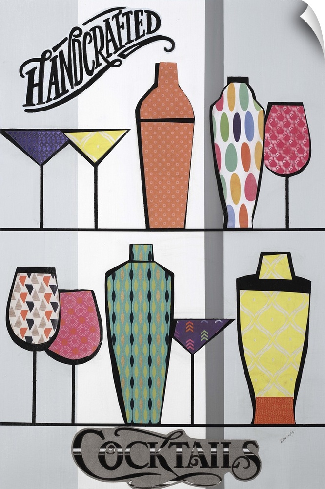 Contemporary painting of a wet bar containing shakers and colorful cocktail glasses.