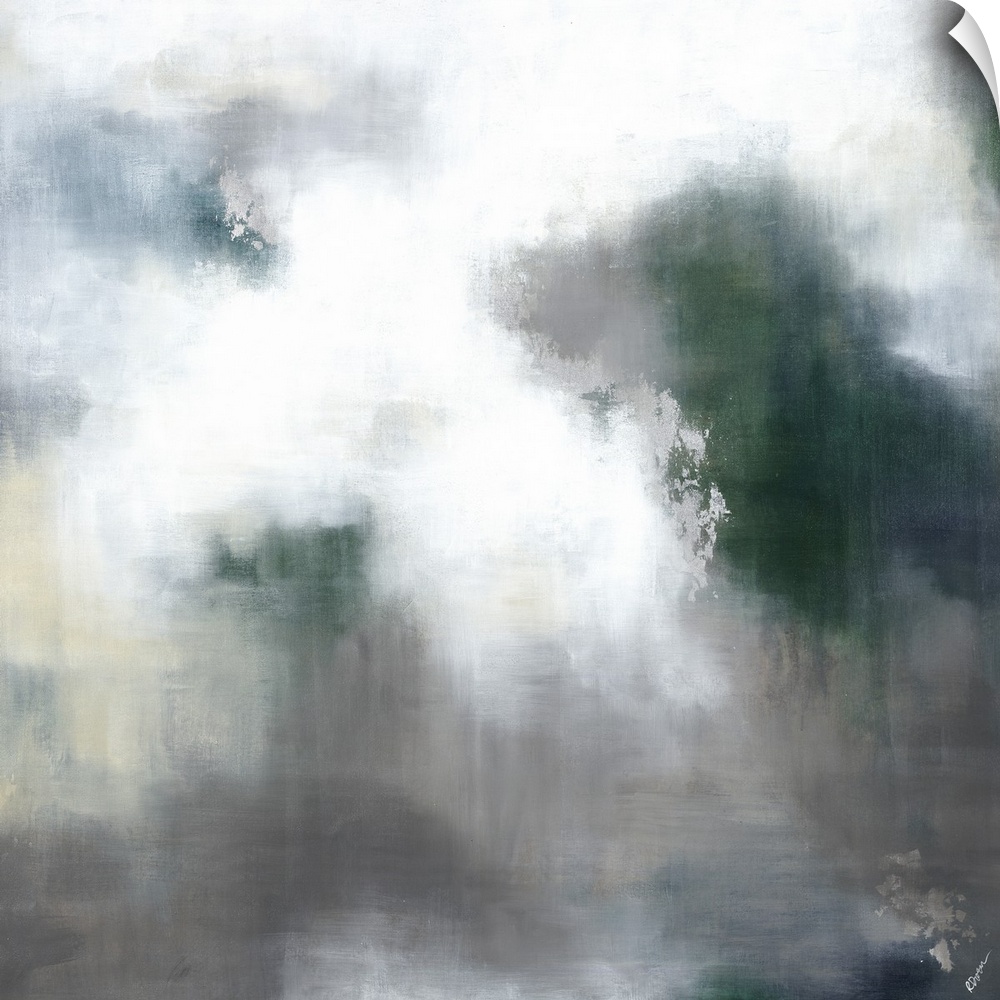 Abstract contemporary painting in gray and green tones, resembling a cloudy sky.