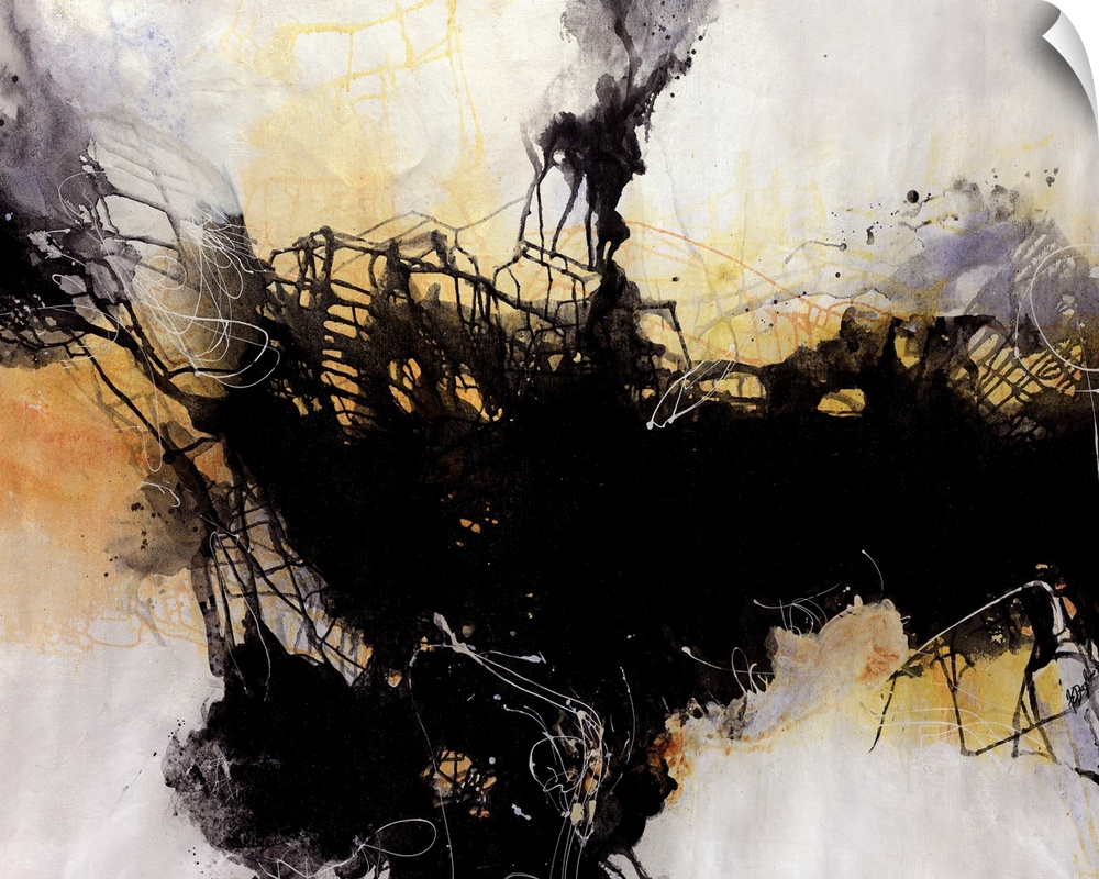 Contemporary abstract artwork featuring splatters and drips of paint intersecting between light and dark areas.
