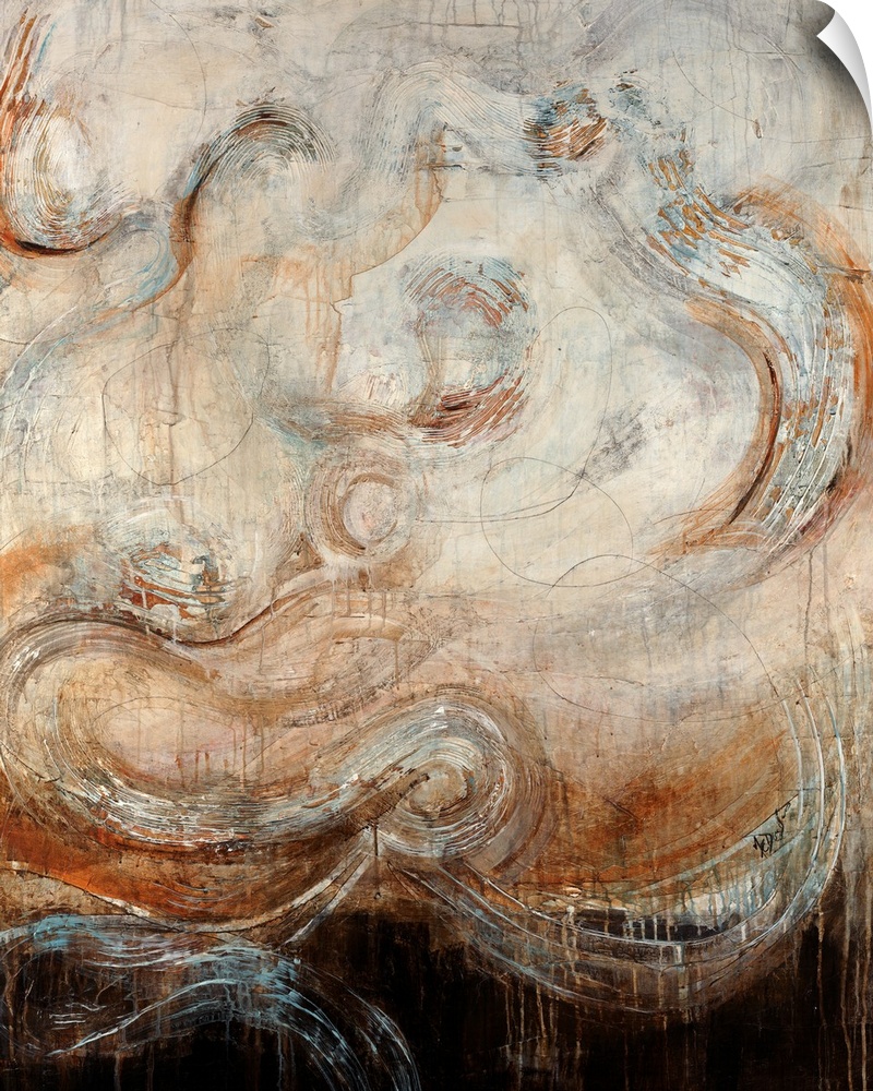 Abstract artwork of large swirls on a harsh background. Paint leaks down the print.