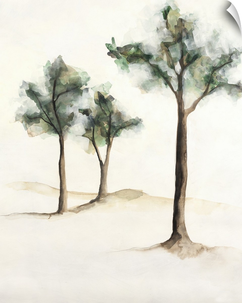 Watercolor painting of three trees on a neutral colored background.
