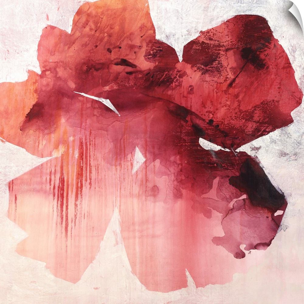 Contemporary abstract painting using a vibrant and faded red against a neutral background.
