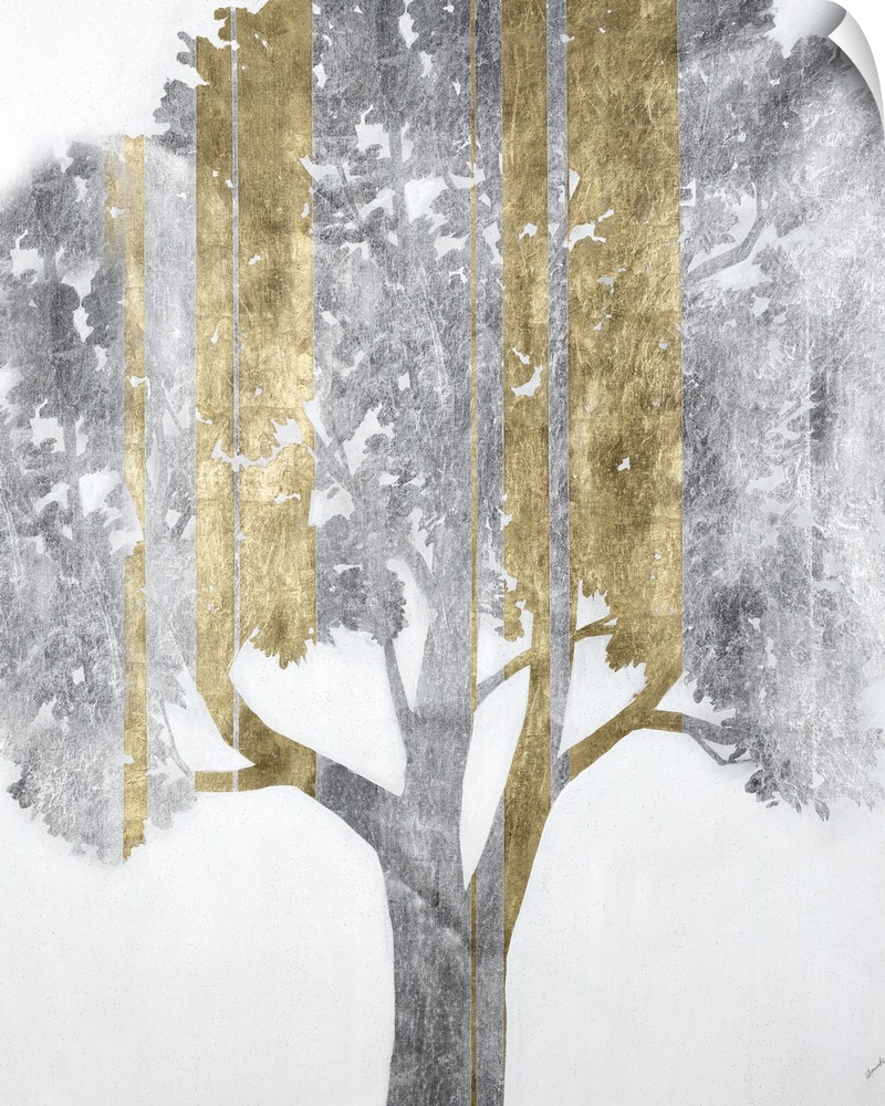 A modern painting of a single tree in silver with vertical streaks of gold.