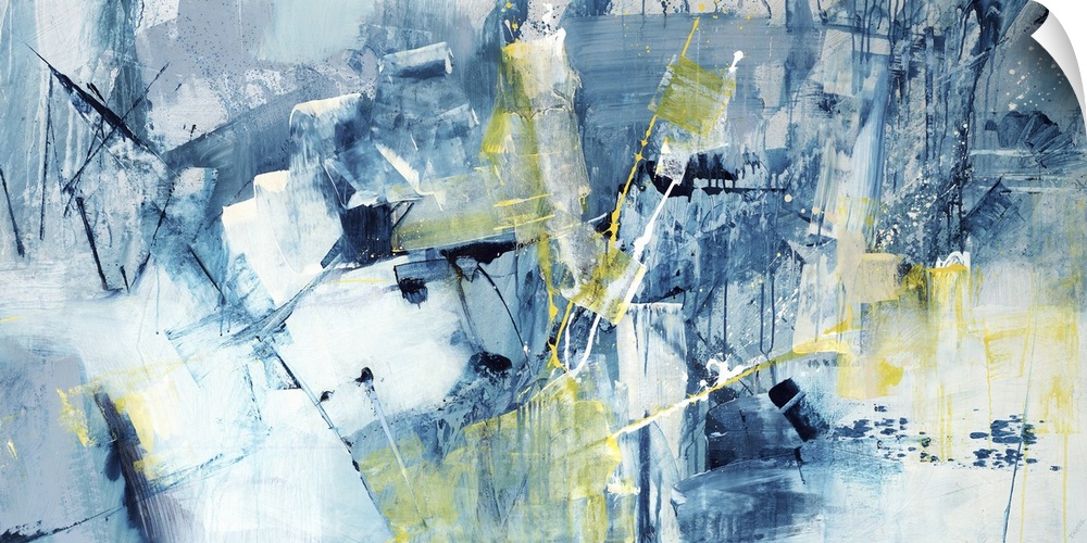 Large abstract painting of textured blue brush strokes with yellow accents.
