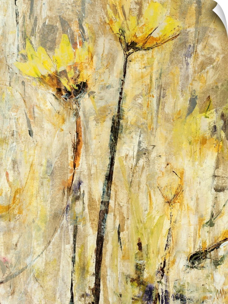 Large, vertical floral painting of two golden flowers, extending upward on a neutral background of harsh lines and brushst...