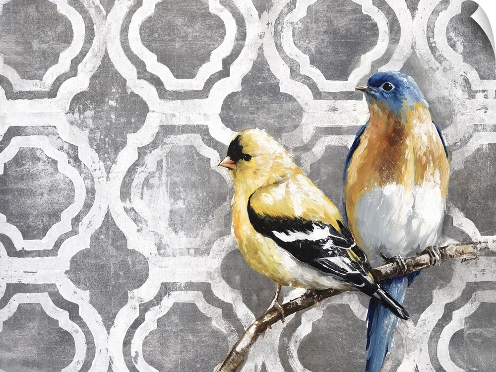 Two birds perched on a small branch against a circular tile moroccan pattern.