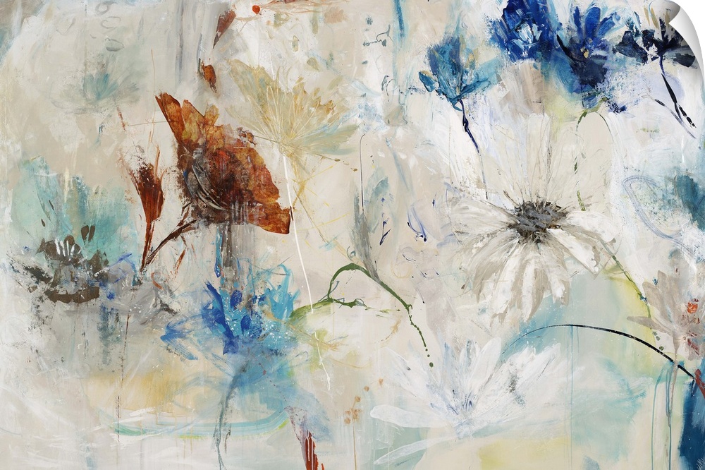 Contemporary painting of abstracted flowers against a pale background with splashes of blue.