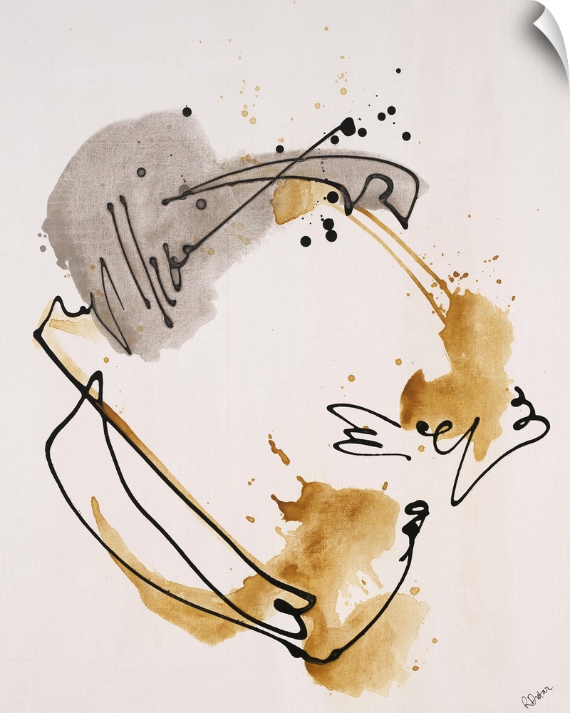 Contemporary abstract painting of dark black lines and splashes of brown swirling around.