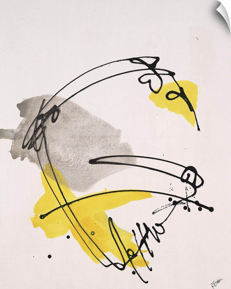 Contemporary abstract painting of dark black lines and splashes of yellow swirling around.