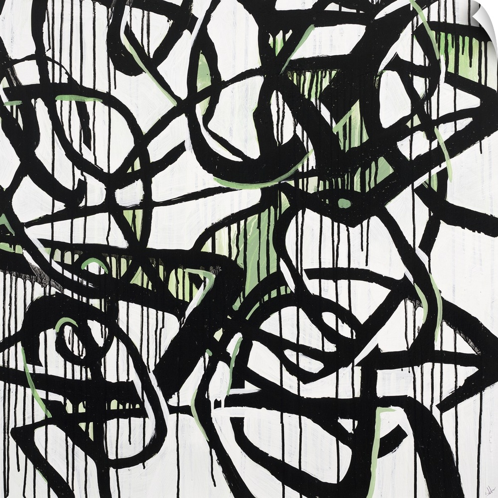 Contemporary high contrast abstract painting using deep black organic lines in a circular motion, with hints of green.