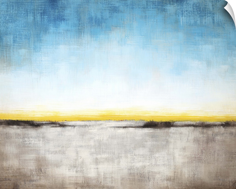 Contemporary abstract painting of a landscape under a blue sky.