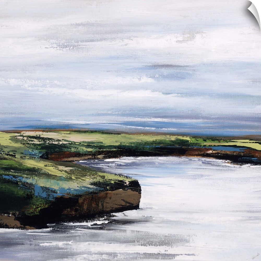 Landscape painting of a curving shoreline that rises above the water, beneath a blue sky streaked with wispy white clouds.