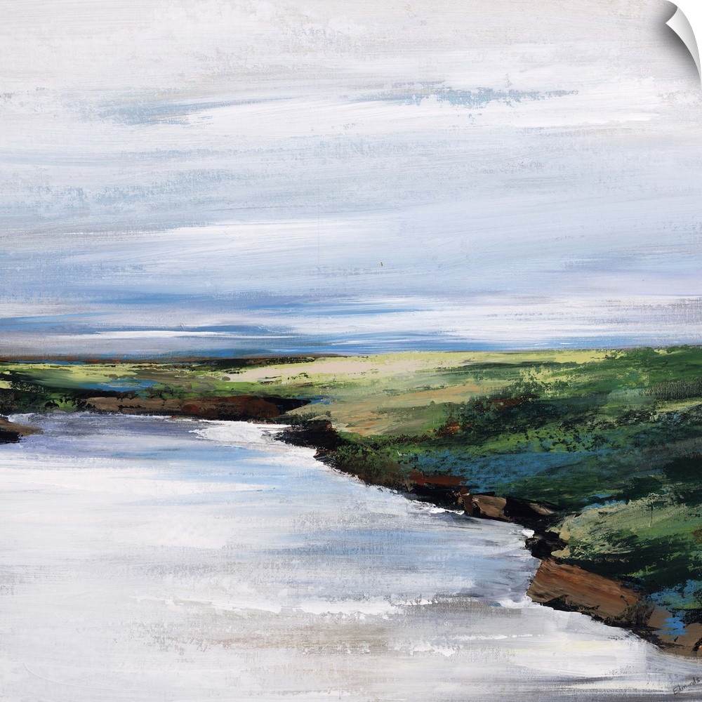 Landscape painting of a curving shoreline that rises above the water, beneath a blue sky streaked with wispy white clouds.