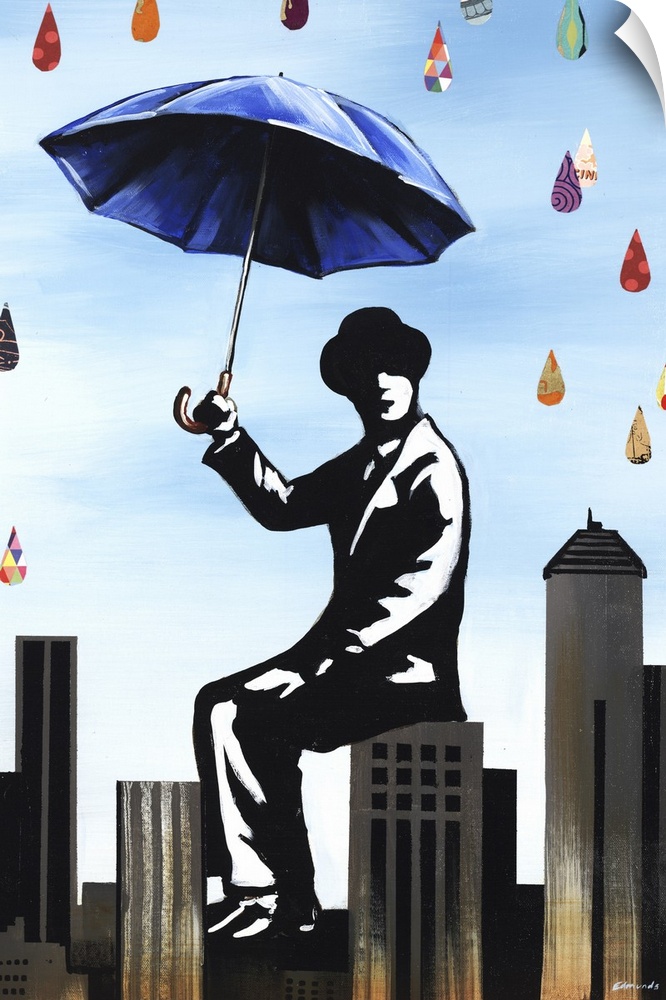 Mixed media artwork with a painting of a man holding a blue umbrella, sitting on a skyscraper rooftop while colorful raind...