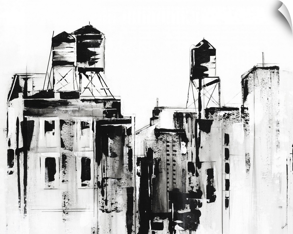Black and white painted sketch of an urban cityscape.