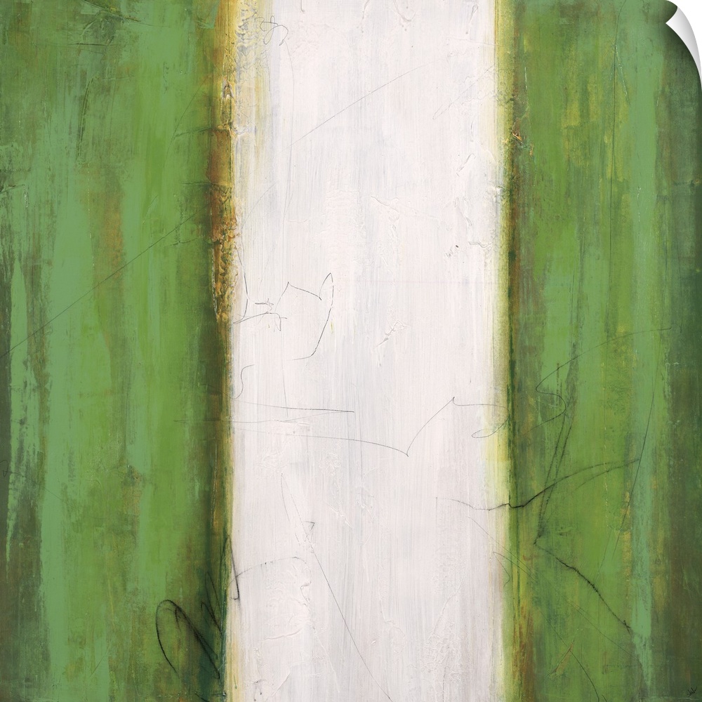 Abstract painting using green stripes on the left and right sides of the image, with a white stripe in the center.