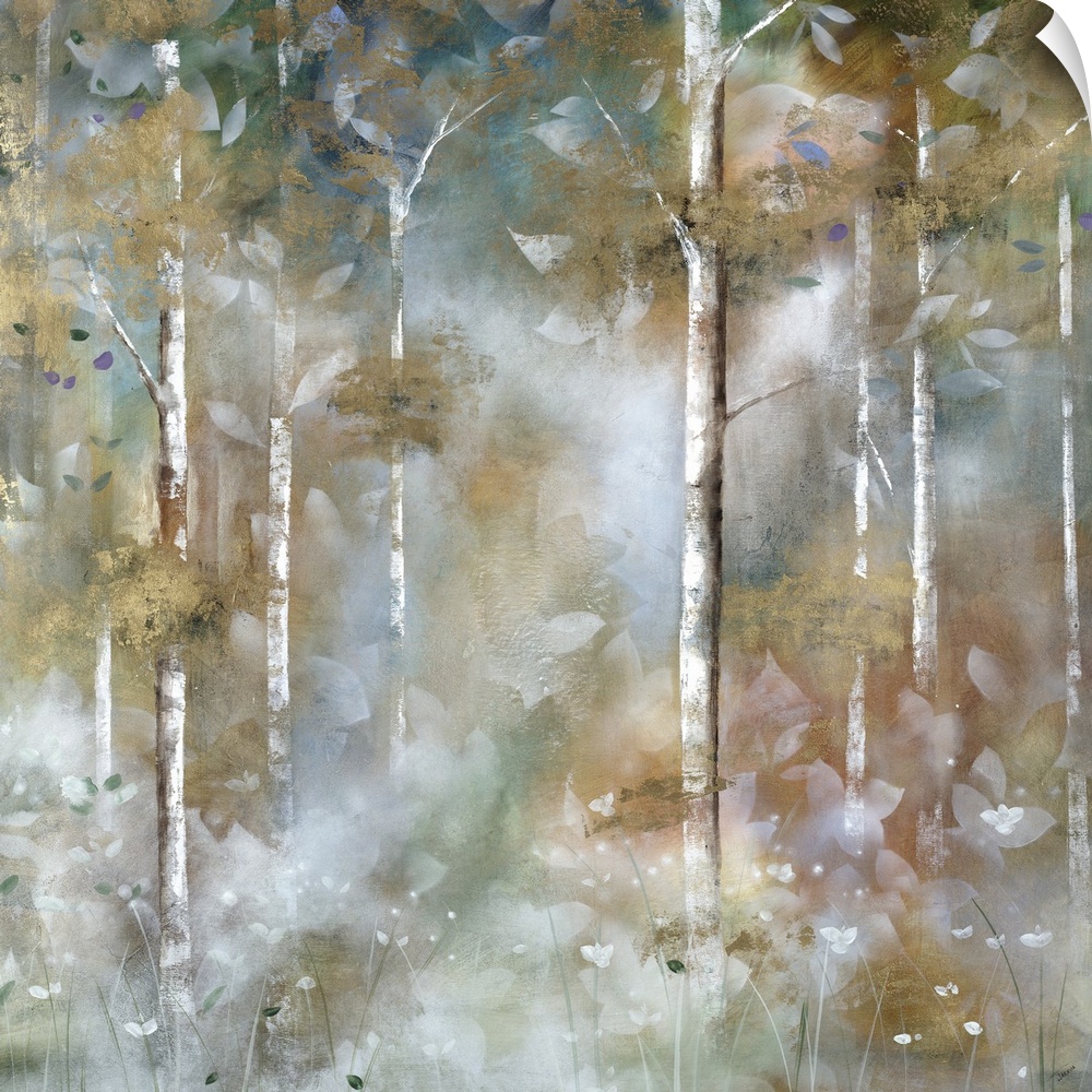 A square contemporary painting of a forest cover in a mist with an overlay of white leaves.